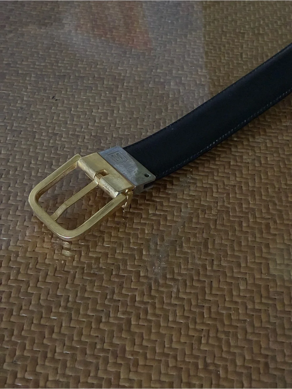 Bruno Magali brown/ black snakeskin leather reversible belt. Brass buckle. L40”